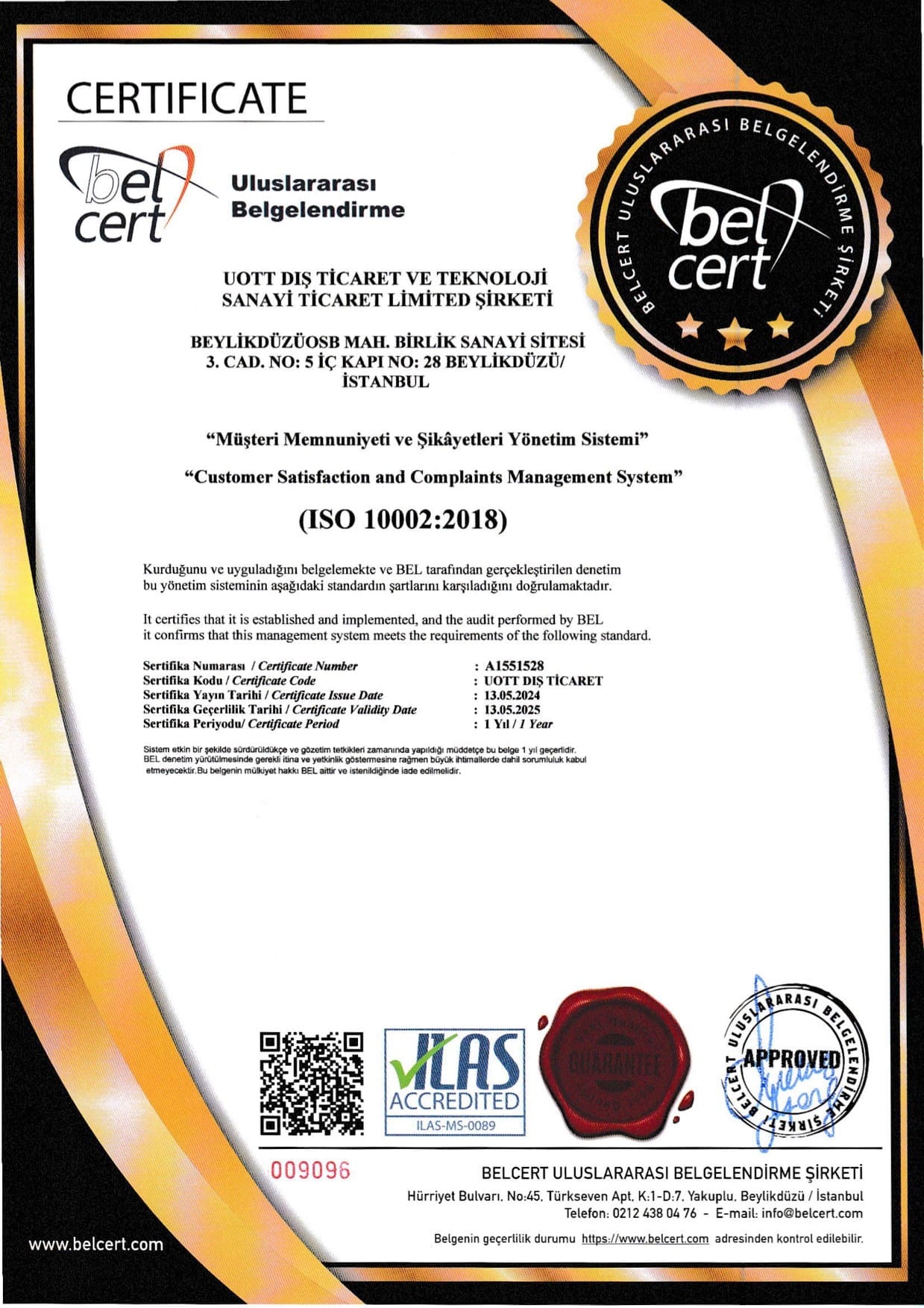 ISO 10002:2018 Certificate