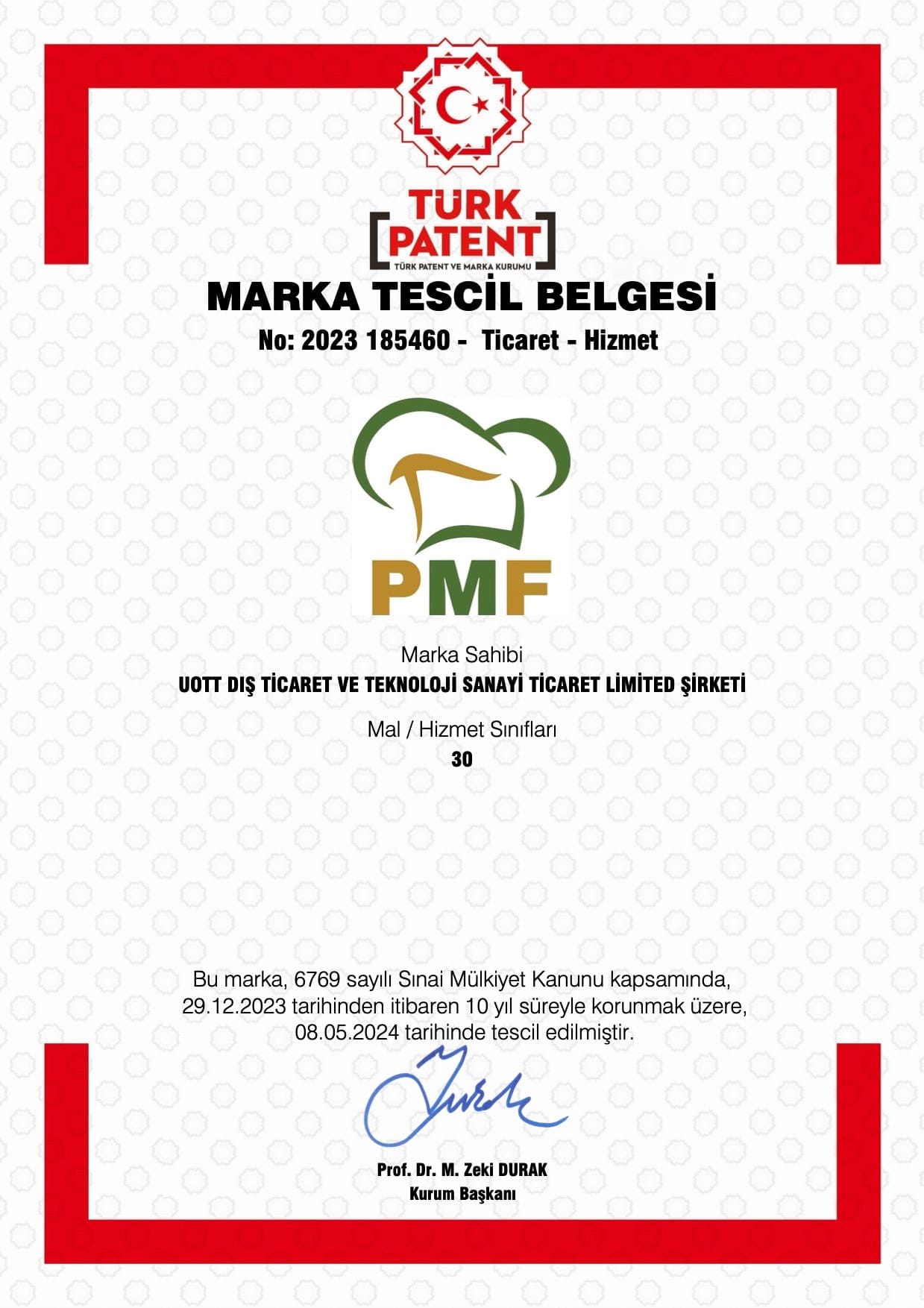 PMF Trade Mark Registration Certificate