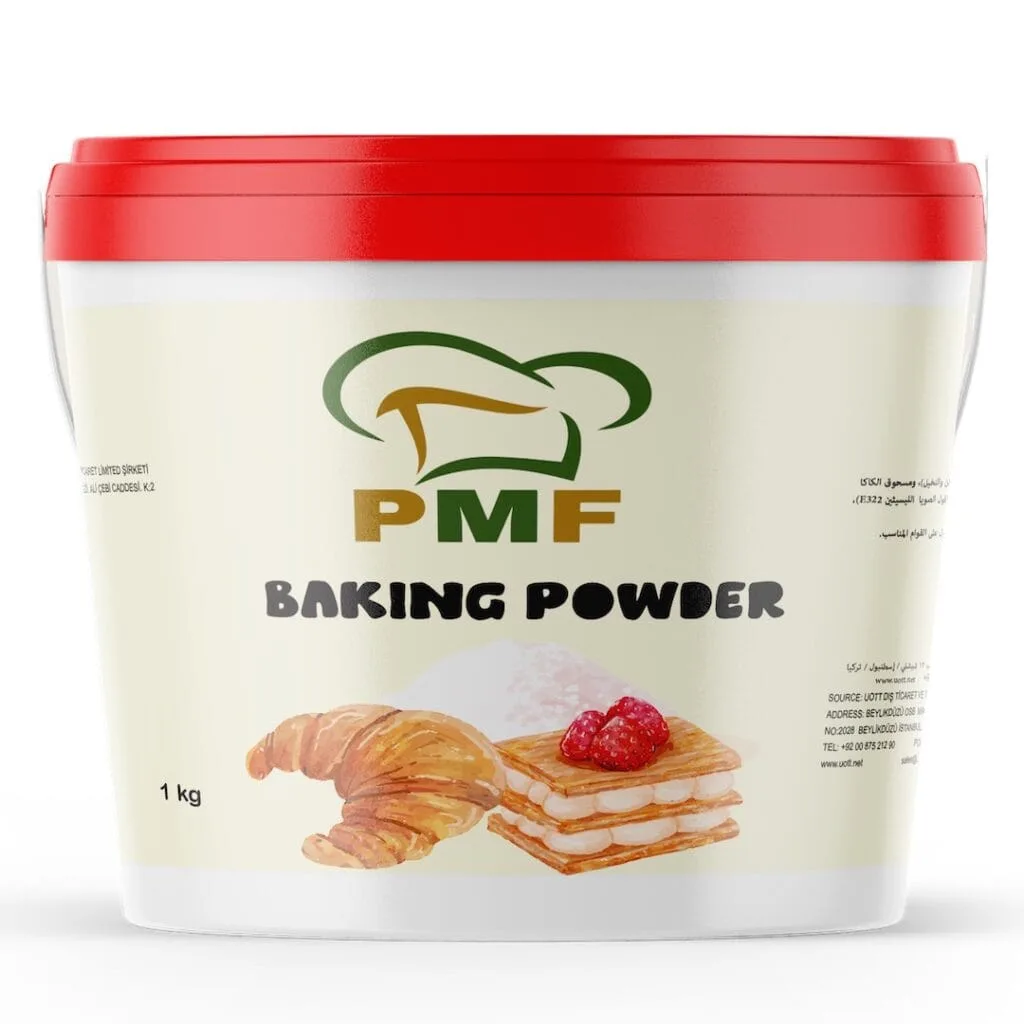 a white and red container with a red lid | Baking Powder 1 kg PMF